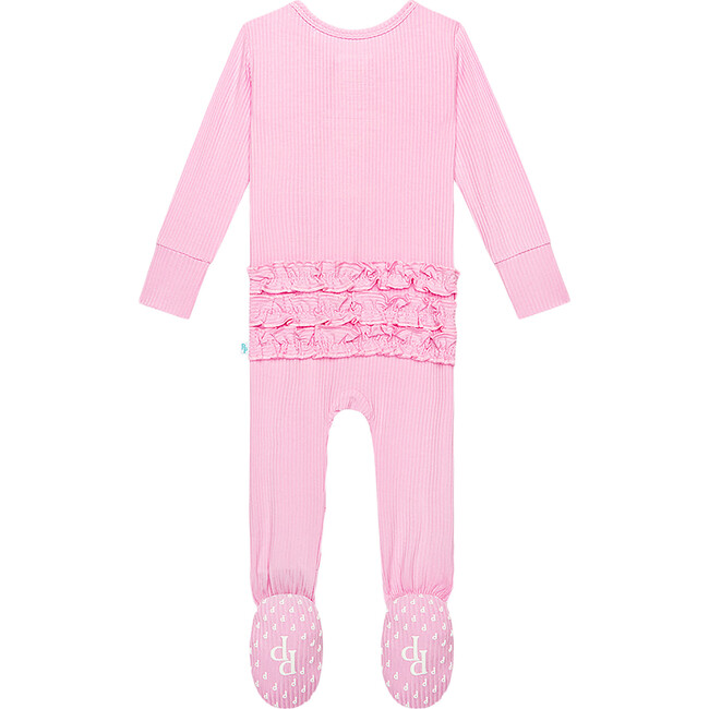 Solid Ribbed Posh Pink  Footie Ruffled Zippered One Piece - Pajamas - 3