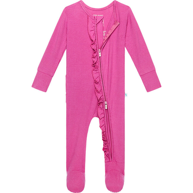 Solid Ribbed Posh Violet  Footie Ruffled Zippered One Piece - Footie Pajamas - 2