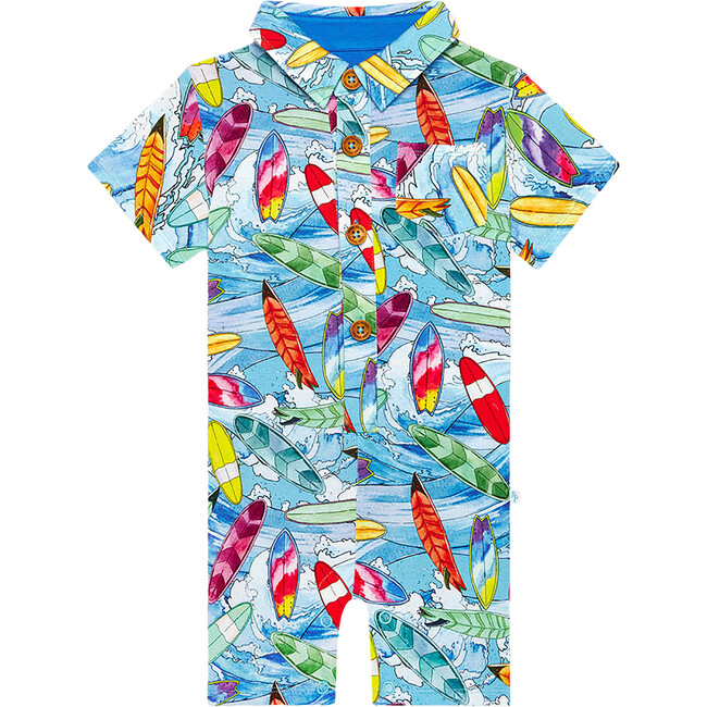 Wave Short Sleeve Collared Henley Romper - Rompers - 1