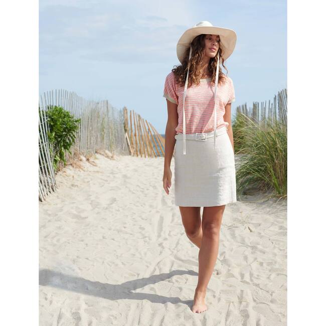 Linen Slub Striped Tee, Sand/Neon Coral