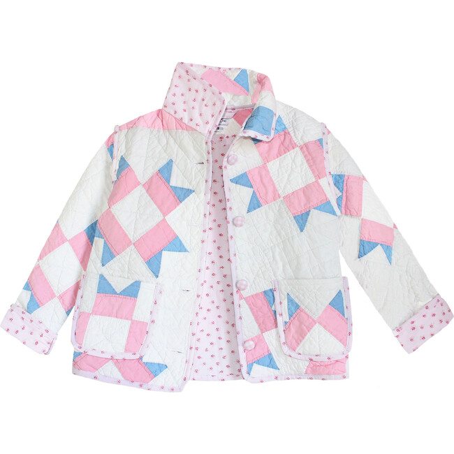 Kids 8y Vintage Quilt Jacket, Pink and Blue Starburst