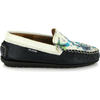 Plain Moccasins In Grainy And Printed Leather, Blue And White - Slip Ons - 1 - thumbnail