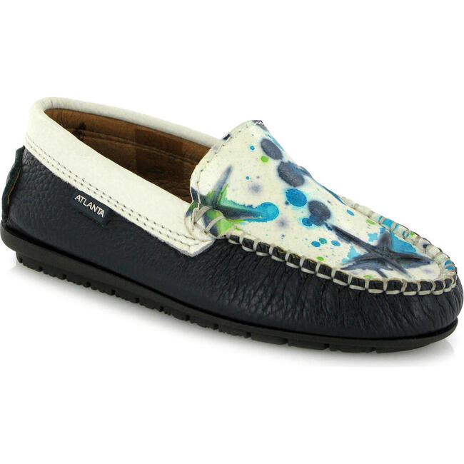 Plain Moccasins In Grainy And Printed Leather, Blue And White