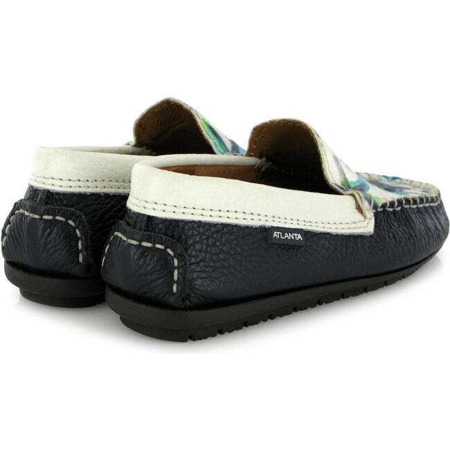 Plain Moccasins In Grainy And Printed Leather, Blue And White - Slip Ons - 4
