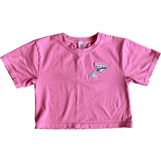 Crop Tee with Paper Airplane "Keep Going" Patch, Vintage Hot Pink