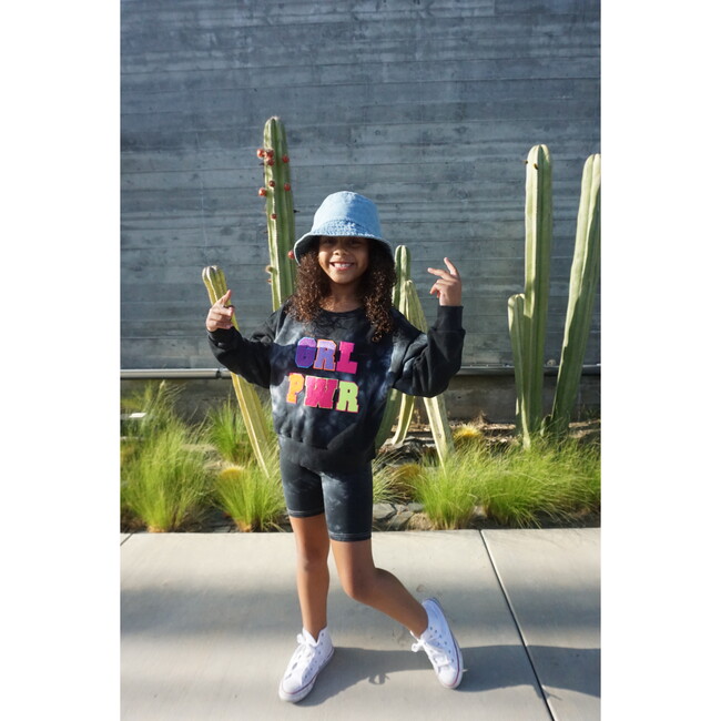 GRL PWR Girl Power Varsity Patch Crew Neck Sweatshirt, Black Tie Dye - Sweatshirts - 3
