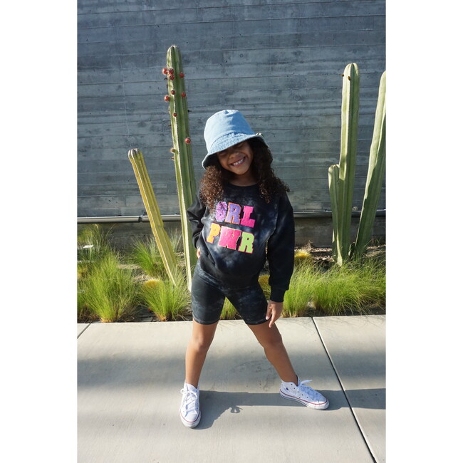 GRL PWR Girl Power Varsity Patch Crew Neck Sweatshirt, Black Tie Dye - Sweatshirts - 4