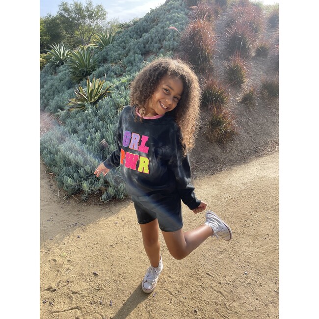 GRL PWR Girl Power Varsity Patch Crew Neck Sweatshirt, Black Tie Dye - Sweatshirts - 5