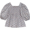 Smocked Balloon Sleeve Blouse, Blue - Blouses - 1 - thumbnail