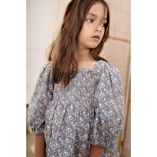 Smocked Balloon Sleeve Blouse, Blue - Blouses - 4