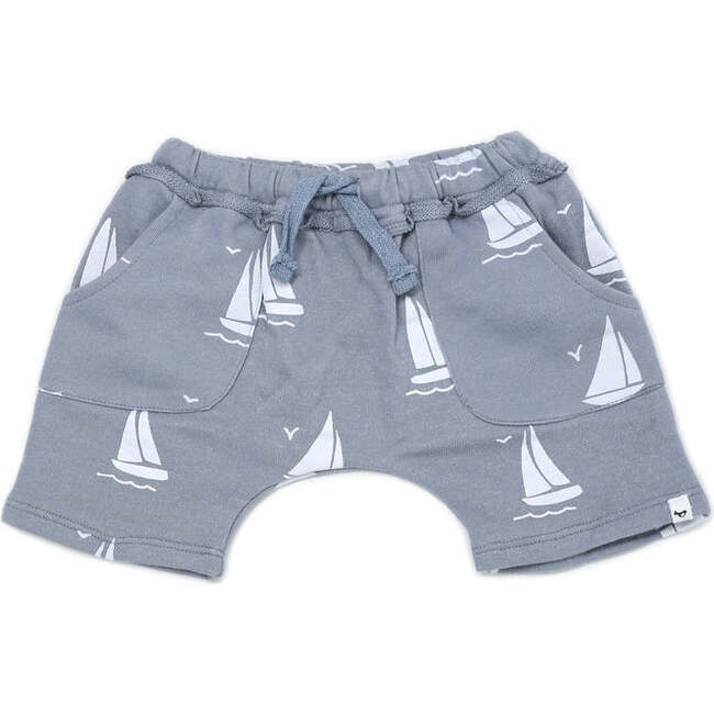 Cotton French Terry Pocket Shorts, Sailboat Print - Shorts - 1