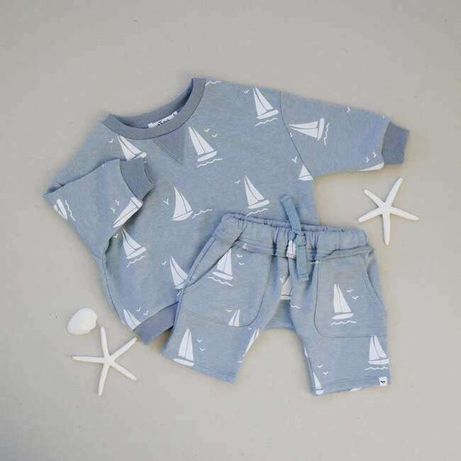 Cotton French Terry Pocket Shorts, Sailboat Print - Shorts - 3