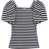 Striped Puff Sleeve Top, Black - Blouses - 1 - thumbnail