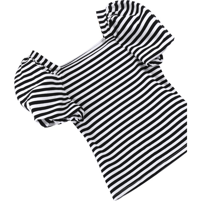 Striped Puff Sleeve Top, Black - Blouses - 3