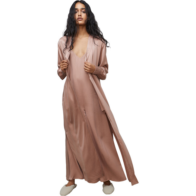 Women's Washable Silk Long Robe, Otium Tan - Robes - 1