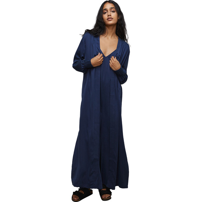 Women's Washable Silk Long Robe, Deep Blue - Robes - 1