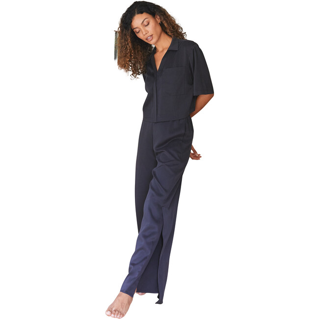 Women's Washable Silk High Rise Pant Set, Immersed Black - Pajamas - 1
