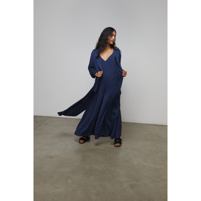 Women's Washable Silk Long Robe, Deep Blue - Robes - 3
