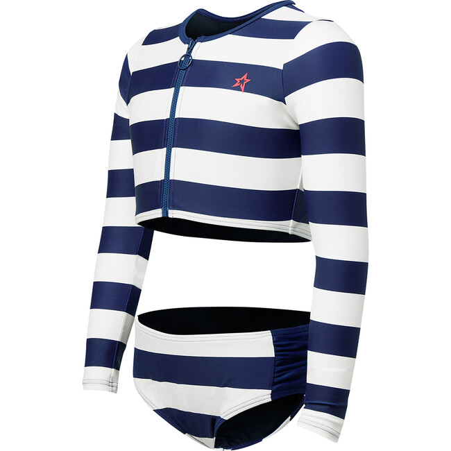 Stripe Rash Guard Bikini, Navy, White - Two Pieces - 1