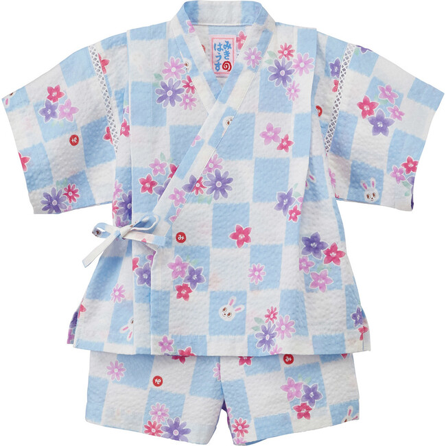 Cool Breeze Flora Two Piece Kimono Jinbei, Blue - Loungewear - 1