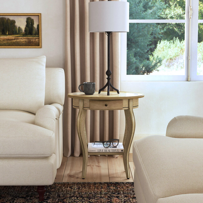 Jeanette Oval Antique Beige Wood Accent Table