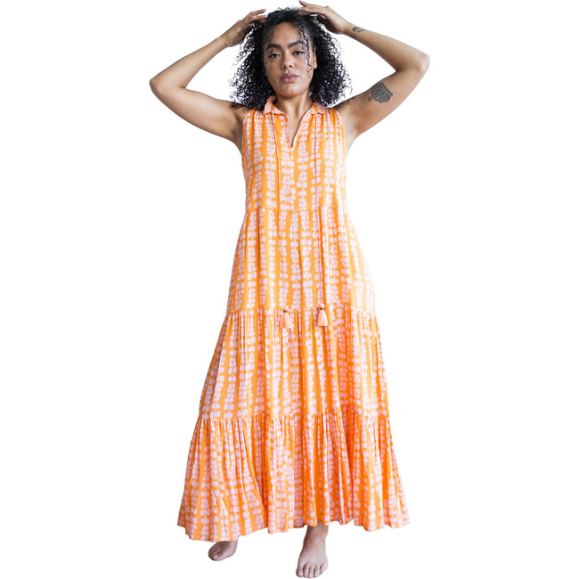 Women's Sienna Maxi S/L, Orange with Pink Leaves - Dresses - 1