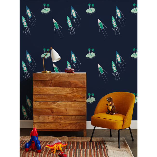 Tea Collection Island Boats Traditional Wallpaper, Navy