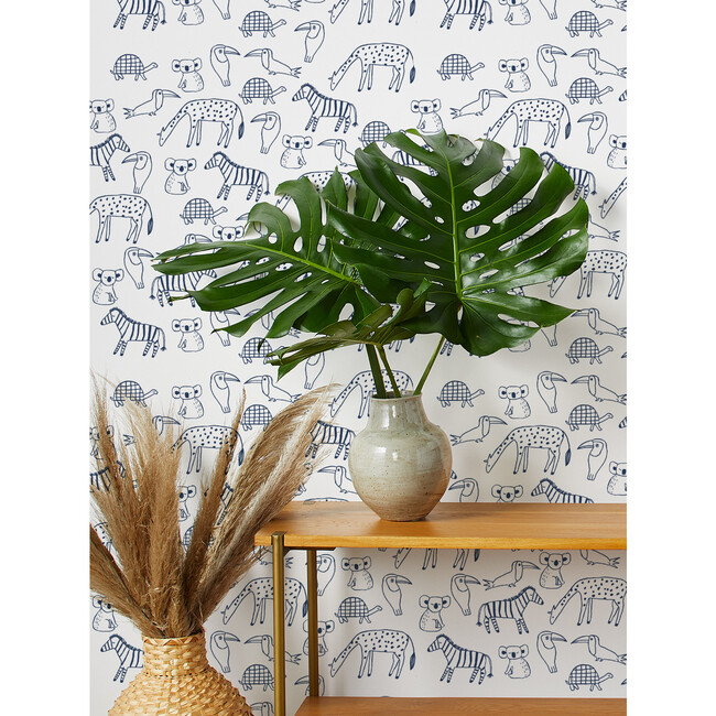 Tea Collection Zoo Party Removable Wallpaper, Navy