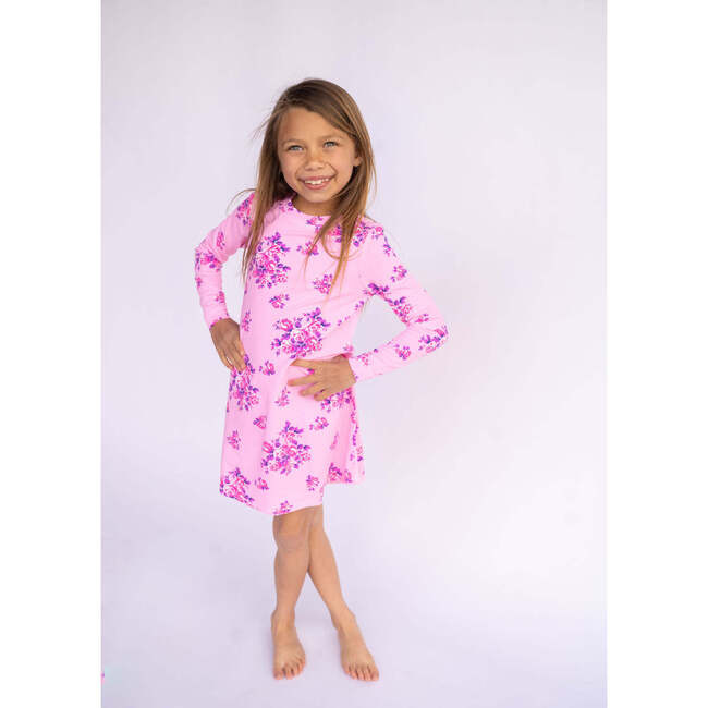 Sweet Floral Long Sleeve Lounge Dress, Pink - Dresses - 3