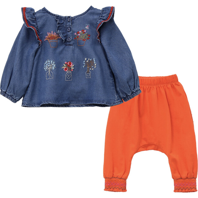 Embroidered Plants Pant Set, Blue - Mixed Apparel Set - 1