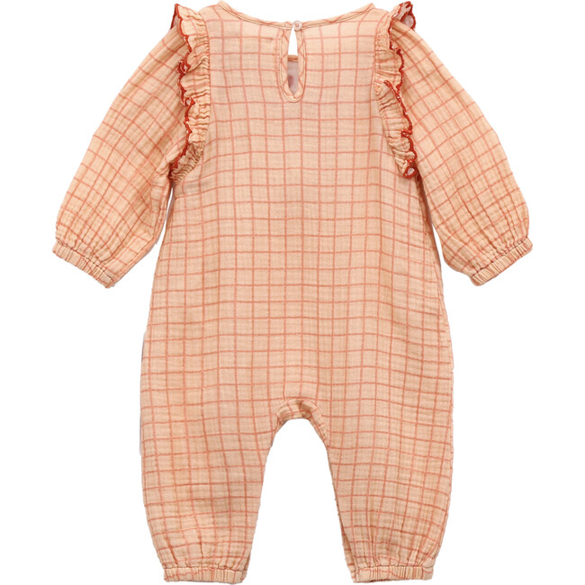 Embroidered Checked Coverall, Peach