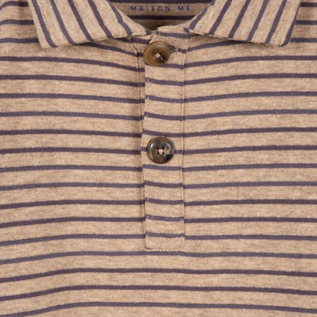 Finley Long Sleeve Polo, Slate Blue & Oat Stripe - Polo Shirts - 3
