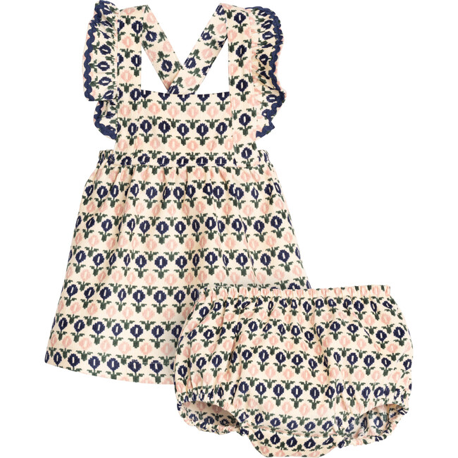 Baby Maddie Pinafore Dress With Bloomer, Retro Pink & Navy Floral - Dresses - 1
