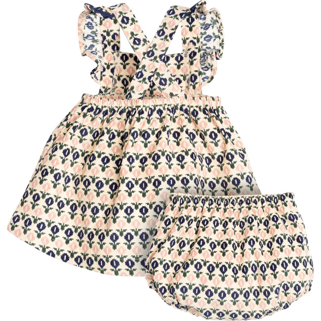Baby Maddie Pinafore Dress With Bloomer, Retro Pink & Navy Floral