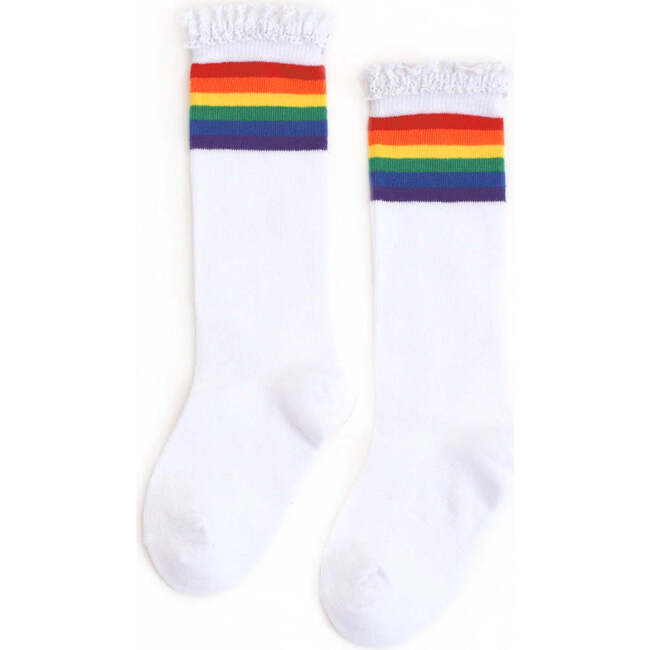Lace Top Knee Highs, Rainbow Stripe - Socks - 1