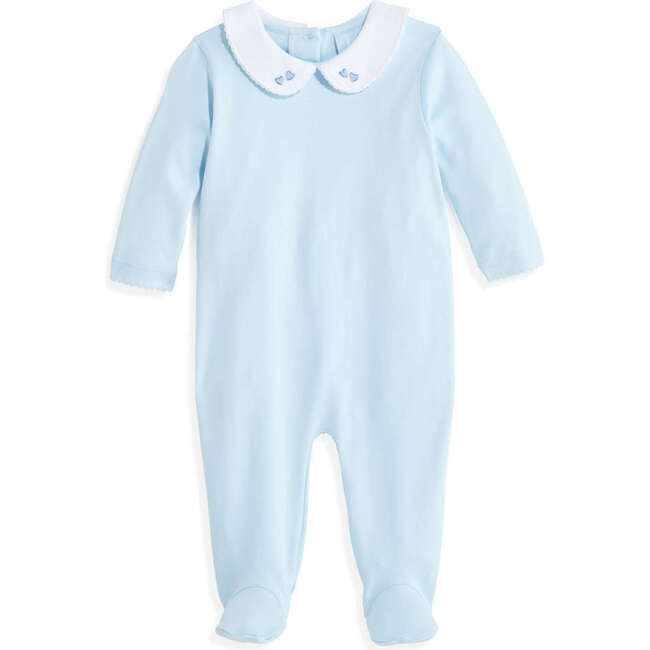 Embroidered Collared Pima Footie, Blue with Blue Hearts - Onesies - 1