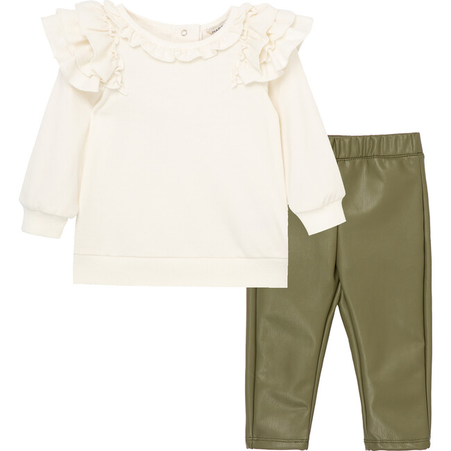 Baby Ruffled Pullover & Faux Leather Pant Set, White - Mixed Apparel Set - 1