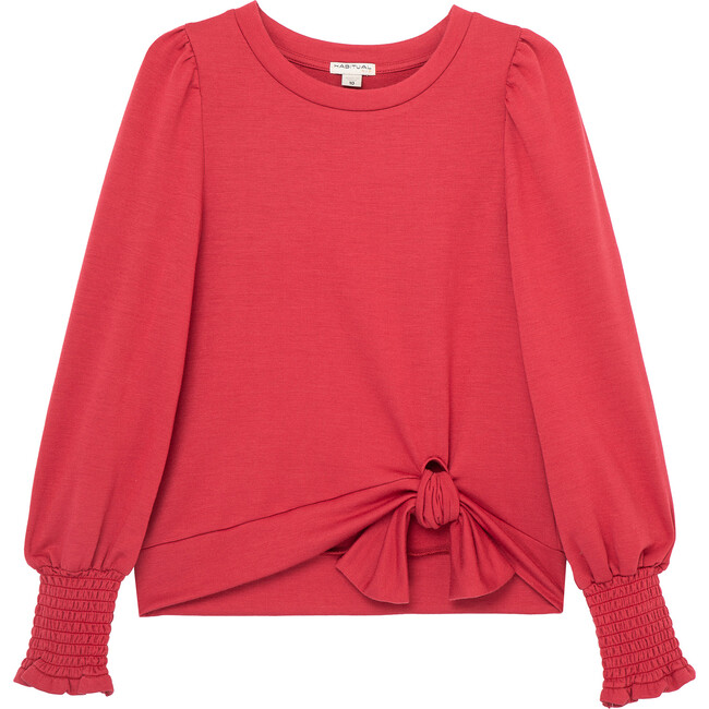 Long Sleeve Side Tie Top, Red - T-Shirts - 1