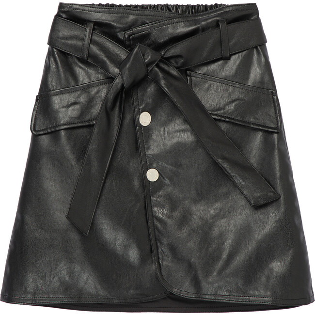 Faux Leather Belted Skirt, Black