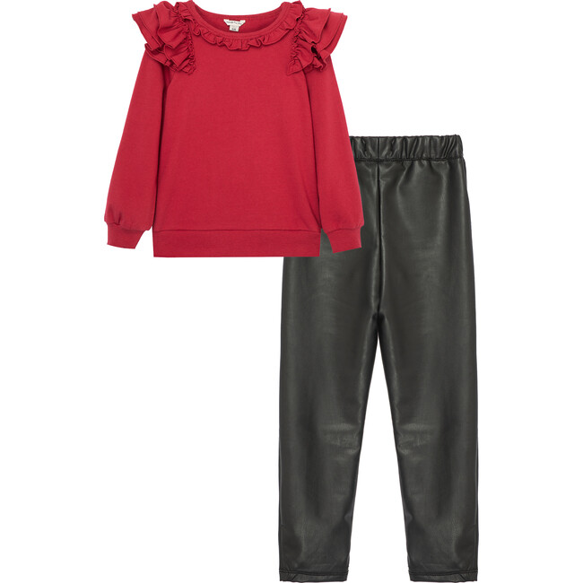 Ruffled Pullover & Faux Leather Pant Set, Red