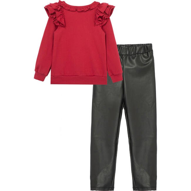 Ruffled Pullover & Faux Leather Pant Set, Red