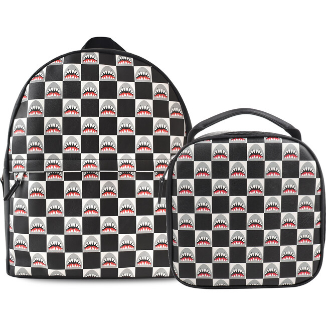 Shark Pattern Large Backpack And Lunch Bag Set, Black - Backpacks - 1