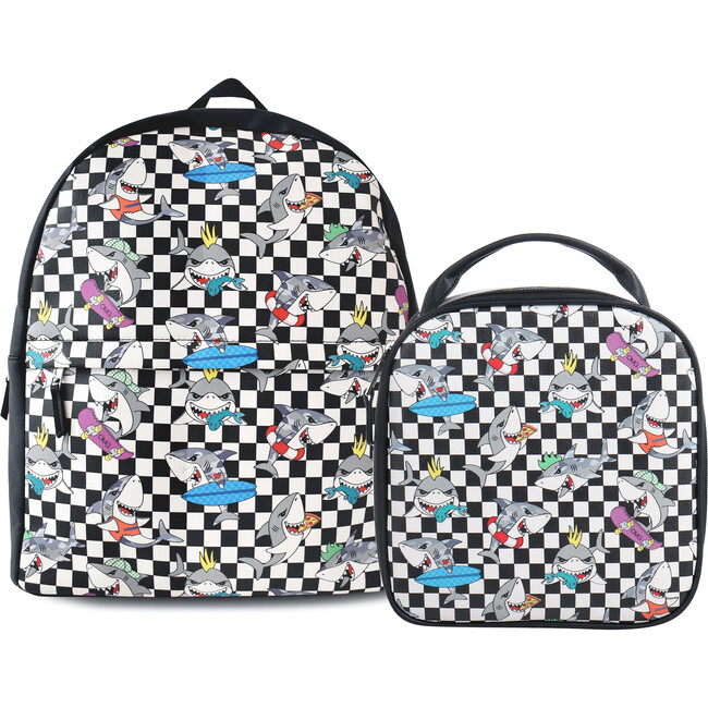 Checkered Shark Large Backpack And Lunch Bag Set, Multi - Backpacks - 1