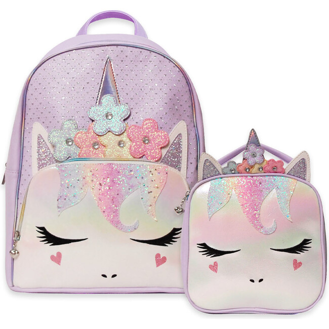 Flower Crown Miss Gwen Unicorn Perforated Large Backpack & Insulated Lunch Bag Set, Lavender - Backpacks - 1