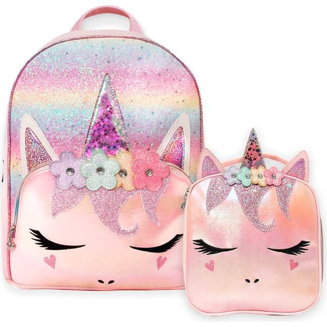Flower Crown Miss Gwen Unicorn Ombre Glitter Large Backpack & Insulated Lunch Bag Set, Pink - Backpacks - 1