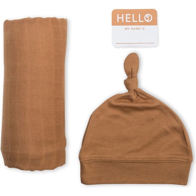 Hello World Hat & Swaddle Set, Tan - Blankets - 1