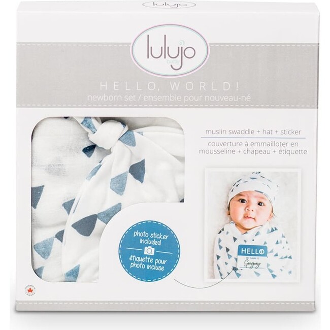 Hello World Hat & Swaddle Set, Navy Triangles