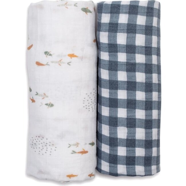 Cotton Muslin Swaddles, Fish/Navy Gingham (Pack of 2) - Swaddles - 1