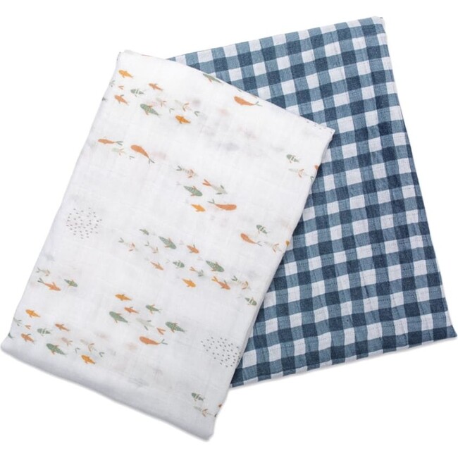 Cotton Muslin Swaddles, Fish/Navy Gingham (Pack of 2)