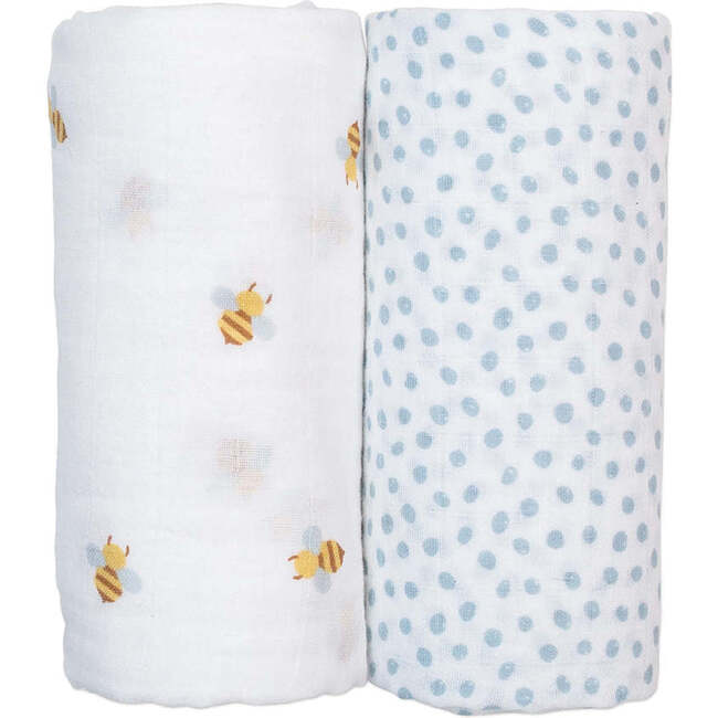 Cotton Muslin Swaddles, Bees/Blye Dots (Pack of 2)